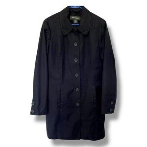 EDDIE BAUER Women's Black Mid Length Classic Vintage Trench Coat Pockets Medium
